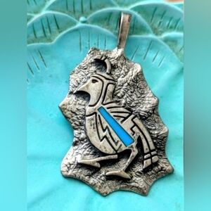 Navajo 925 Sterling Silver Quail Pendant approx. 2"- Turquoise Inlay